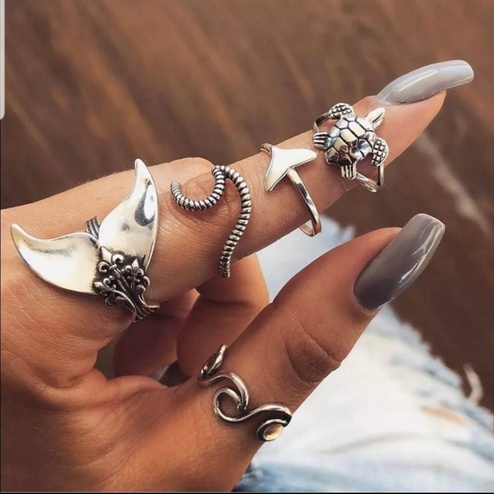 Mermaid , turtle,wave ring set of 5